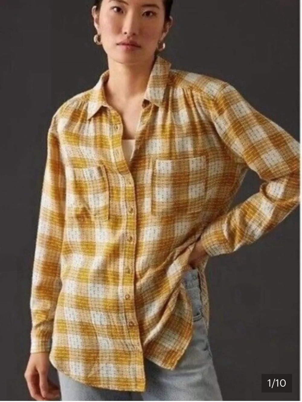 Anthropologie Pilcro Mustard Plaid Button-Down Shirt Size L